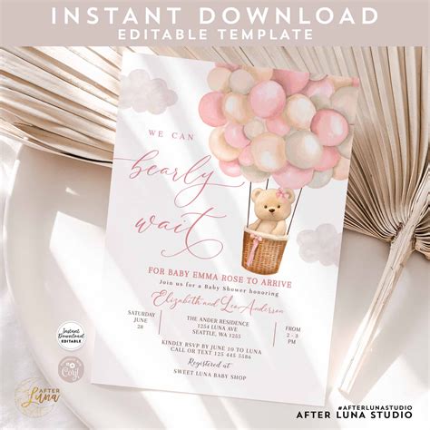 Editable Girl Teddy Bear Hot Air Balloon Bear Theme Baby Etsy