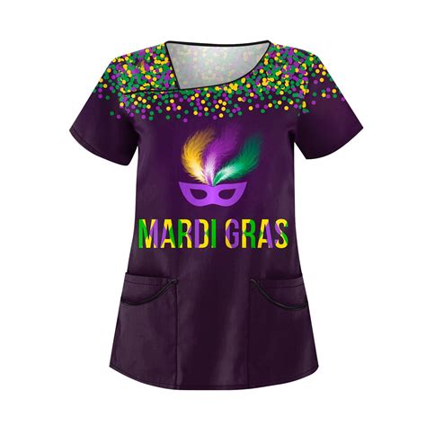 Kddylitq 2024 Mardi Gras Scrubs For Women Graphic Holiday Party Mask