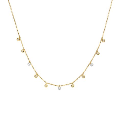 14K Yellow Gold Freshwater Pearl And Diamond Hanging Station Necklace