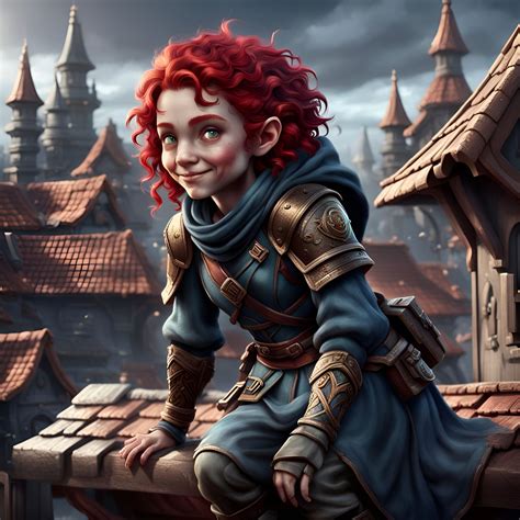 A Female Gnome Assassin Red Curly Hair Waiting On A Roof Smiling Ai Generated Artwork