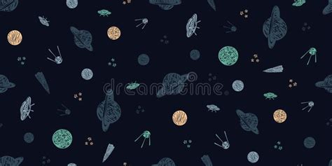 Hand Drawn Space Galaxy Vector Seamless Pattern Night Sky With Stars Spaceships Satellite And