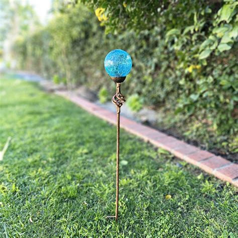 Exhart Solar Crackle Glass Ball Garden Stake With Metal Finial 4 By 31