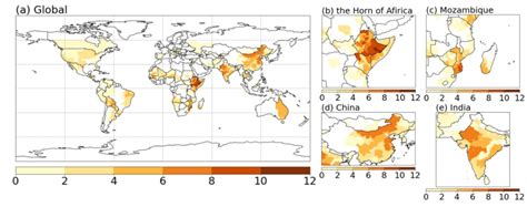 The number of drought events based on GDIS. (a) Global map, enlarged ...