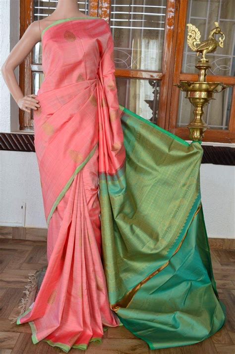 Peach Colour Pure Kanchivaram Silk Saree With Apple Green Small Border