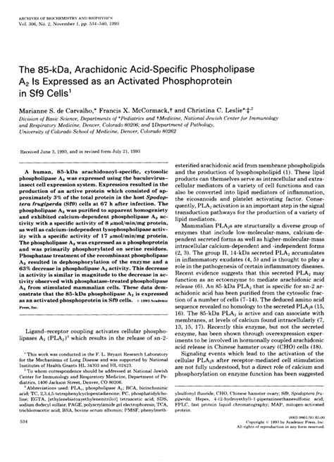 Pdf The 85 Kda Arachidonic Acid Specific Phospholipase A2 Is