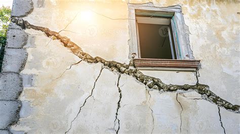 Severe Structural Damage Earthquake Cracked Building Wall with Window
