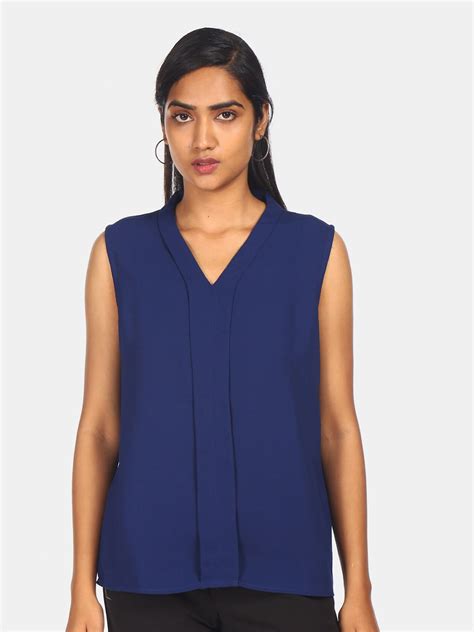 Buy Flying Machine Navy Blue Solid Sleeveless Blouson Top Tops For Women 15954510 Myntra