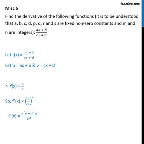 Misc 5 Find Derivative Ax B Cx D Chapter 13 Class 11