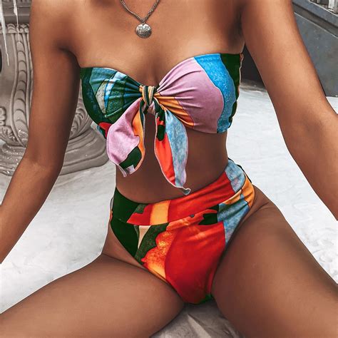 Womens Bikinis Stitching Tropical Print Push Up Top With Bikini Bottom