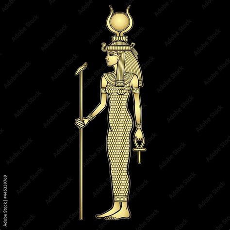 Animation portrait: Egyptian Goddess Isis holds symbols of power - a cross and a staff. Full ...