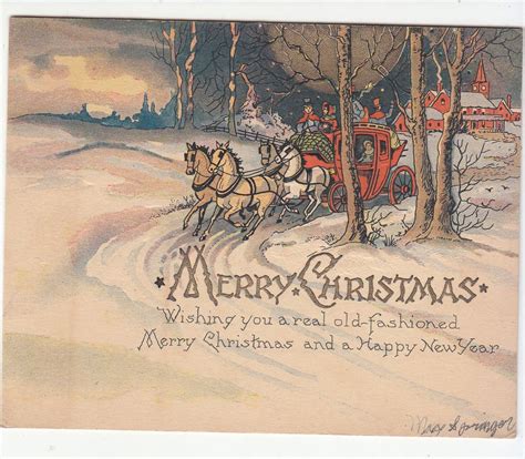 Old Fashioned Merry Christmas Horses And Carriage Snow Card C 1880s