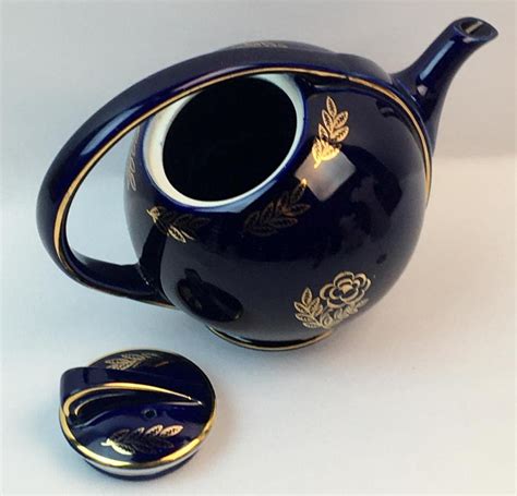 Lot Vintage S Hall Cobalt Blue And Gold Cup Air Flow Teapot