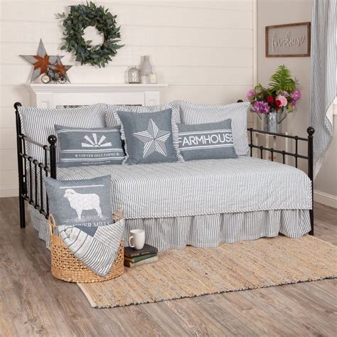 Daybed 5 Pc Quilt Set Sawyer Mill Blue Ticking Strip Farmhouse Bedding