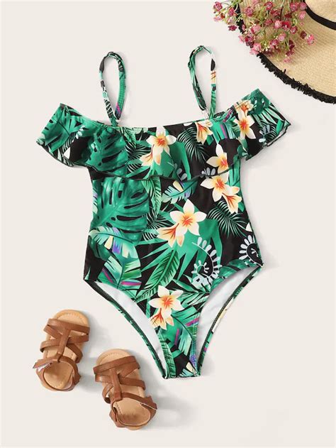 Girls Random Tropical Print Flounce One Piece Swim Girls Bathing