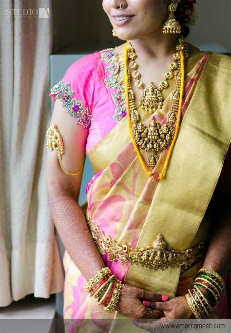 South Indian Bride Gold Indian Bridal Jewelry Temple Jewelry Jhumkis Pink And Gold Silk