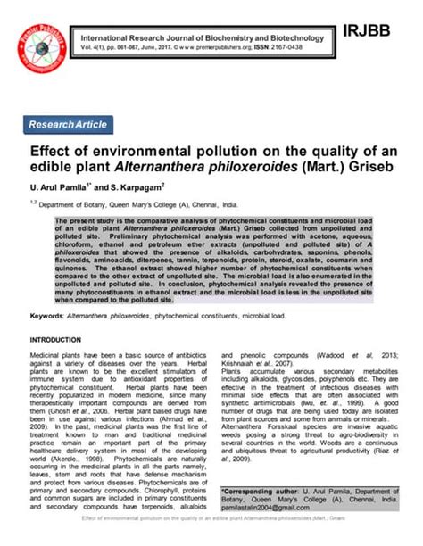 Effect of environmental pollution on the quality of an edible plant ...