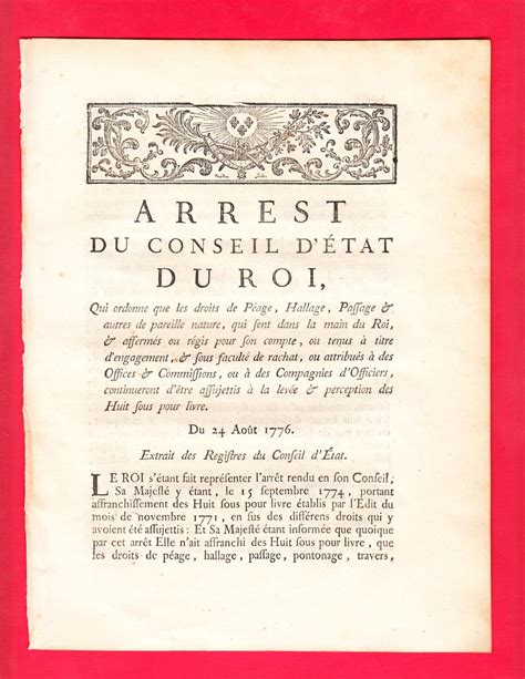 Arrest Du Conseil D Tat Du Roi Qui Ordonne Que Les Droits De P Age