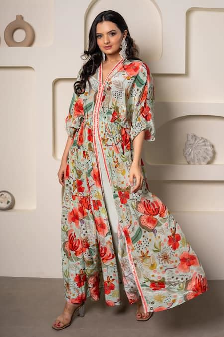 Buy Blue Viscose Crepe Printed Floral V Neck Kaftan And Pant Set For