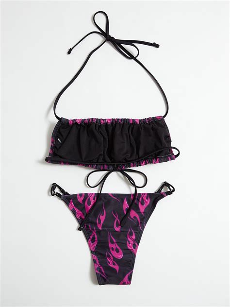 Emmiol Free Shipping Flame Print Bandeau Bikini Beetroot Purple M In Bikini Sets Online