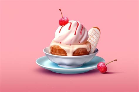 Premium Ai Image A Pink Background With A Bowl Of Ice Cream And A Cherry On Top