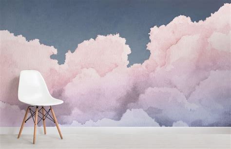 Pastel Pink & Blue Sunset & Clouds Wallpaper Mural | Hovia | Mural ...