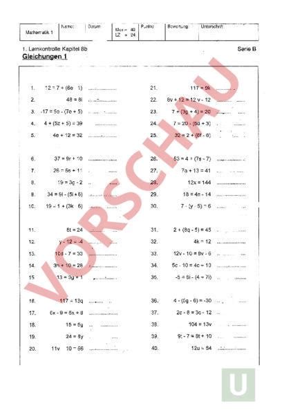 Arbeitsblatt Leichte Gleichungen Mathematik Gleichungen