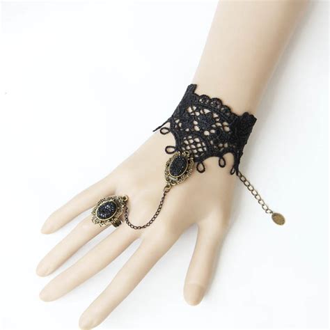 Black Victorian Gothic Lace Wristband Bracelet Metal Ring J