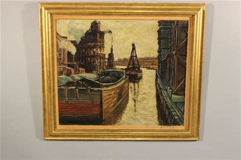 C1940s Boat Dock Scene Oil On Canvas