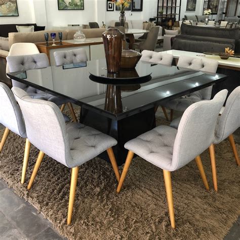 Conj Jantar Mesa Quadrada 1 50m Laca Preto E Vidro Preto DECORE 8 Ca