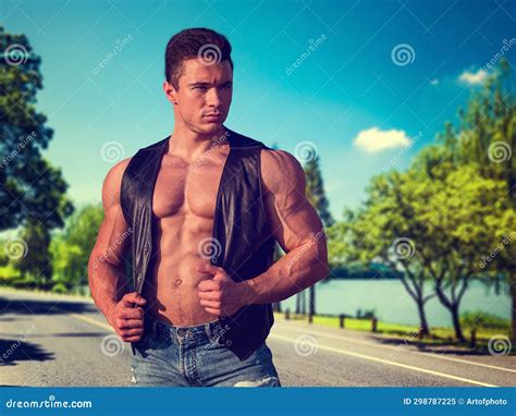 Shirtless Man Standing On Roadside Stock Image Image Of Handsome