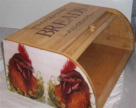 Rooster Heads Bread Box Bamboo Wood Country Farm Kitchen Roll Top Lodge