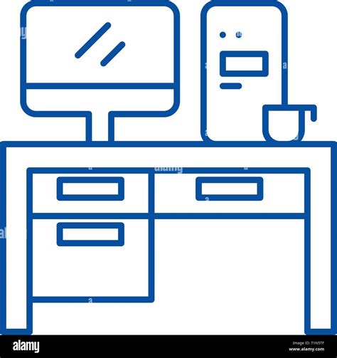 Home Computer Desk Line Icon Concept Home Computer Desk Flat Vector