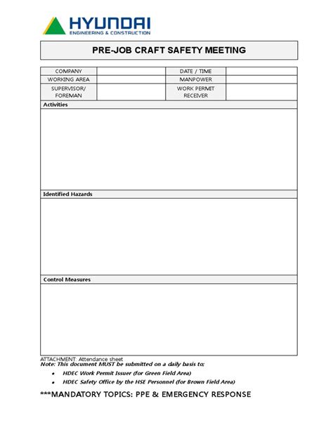 Pre Job Craft Safety Meeting Form Pdf