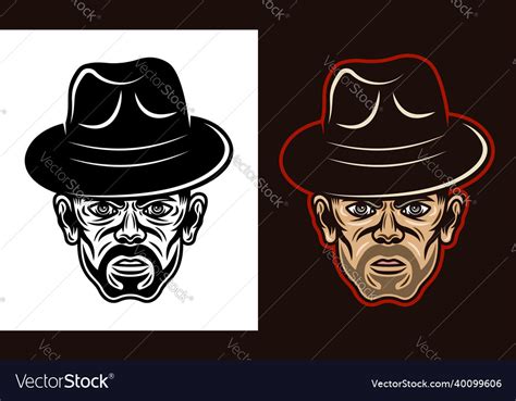 Gangster Man Head In Fedora Hat With Bristle Two Vector Image