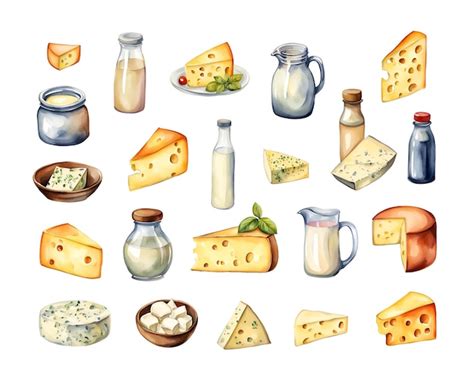 Premium Photo Dairy Products Milk And Cheese Watercolour Hand Drawn