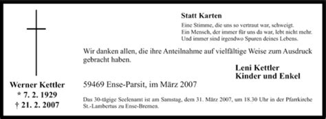 Traueranzeigen Von Werner Kettler Trauer In Nrw De