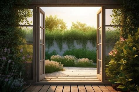 Premium AI Image | A room with a view of a garden and a window with a ...