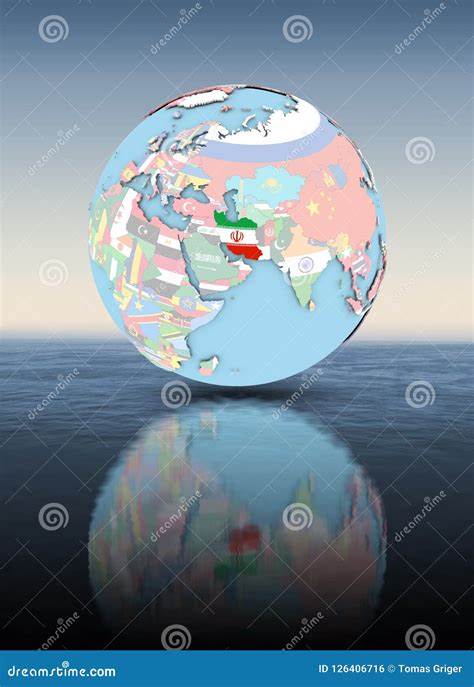 Iran On Globe With Flags Above Water Surface Stock Illustration