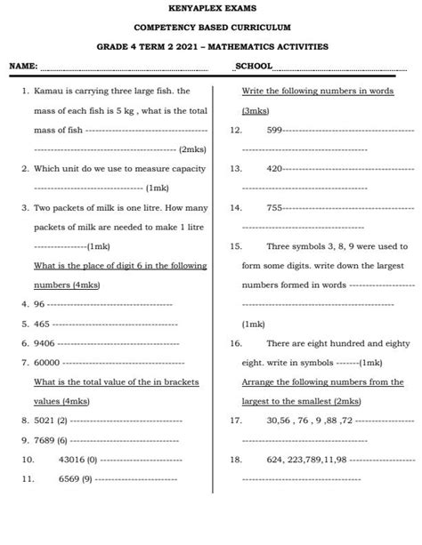 Grade Mathematics Activities End Of Term Examination