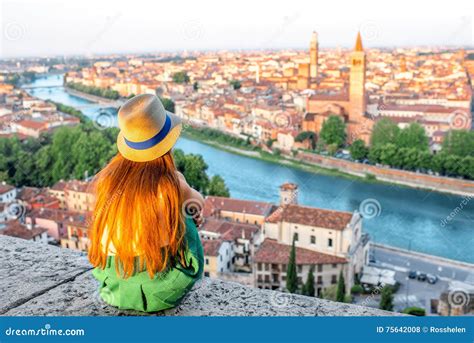 Woman Enjoying Beautiful View On Verona City Stock Photo Image Of