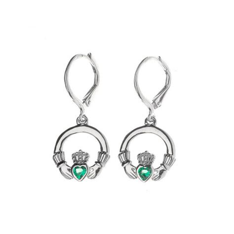 Silver Claddagh With Green Stone Drop Earring Celtic Earrings