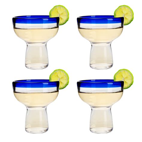 Mexican Hand Blown Blue Rim Margarita Glasses Set Of 4 Stemless Gl The Wine Savant