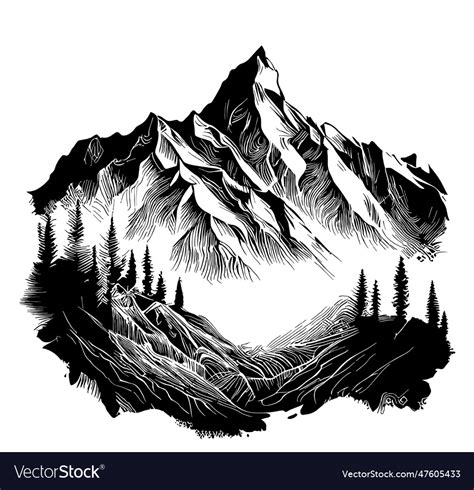 Mountains and trees nature hand drawn sketch Vector Image