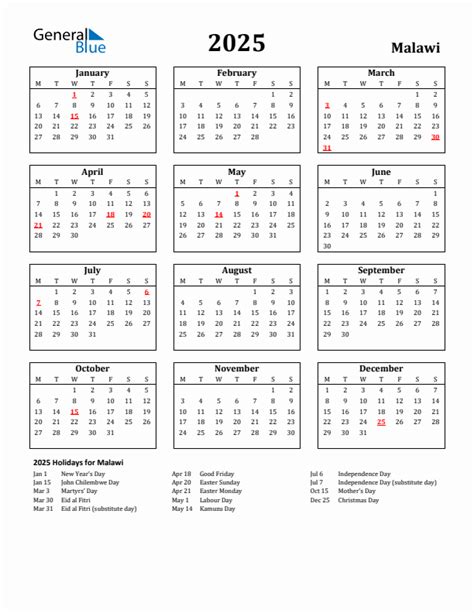 2025 Malawi Calendar with Holidays