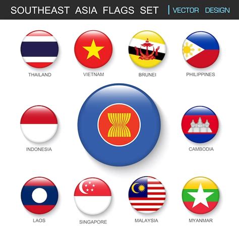 Premium Vector | Southeast Asia flags set and members in botton stlyevector design element ...