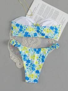 Swim Mod Conjunto De Bikini Bandeau Estampado Floral De Playa De Verano Moda De Mujer Shein