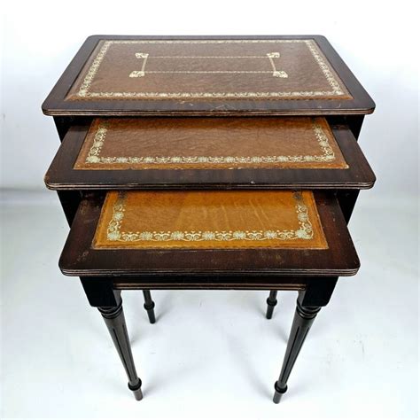 Elegant Set Of Wooden Nest Tables With Cognac Leather Top Approx