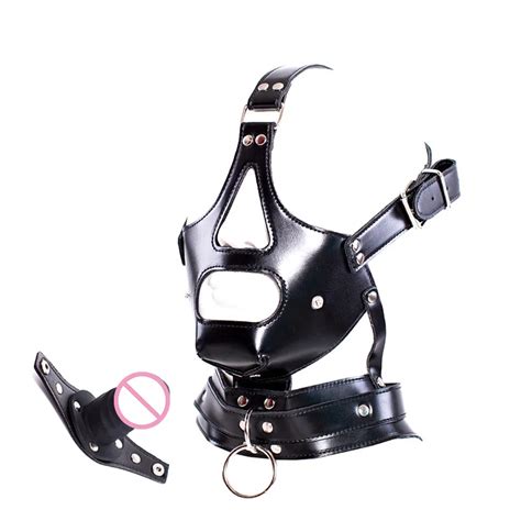 Pvc Leather Fetish Headgear Dildo Mouth Gag Bdsm Bondage Headgear Mask