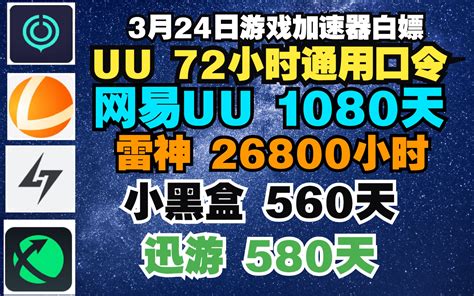 Uu加速器3月24日通用口令兑换码72小时 Uu免费白嫖1080天 雷神2 哔哩哔哩