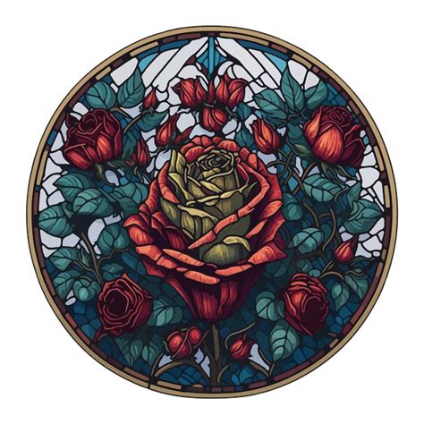 Uma ilustração de vitral de um buquê de rosas em um círculo Vetor